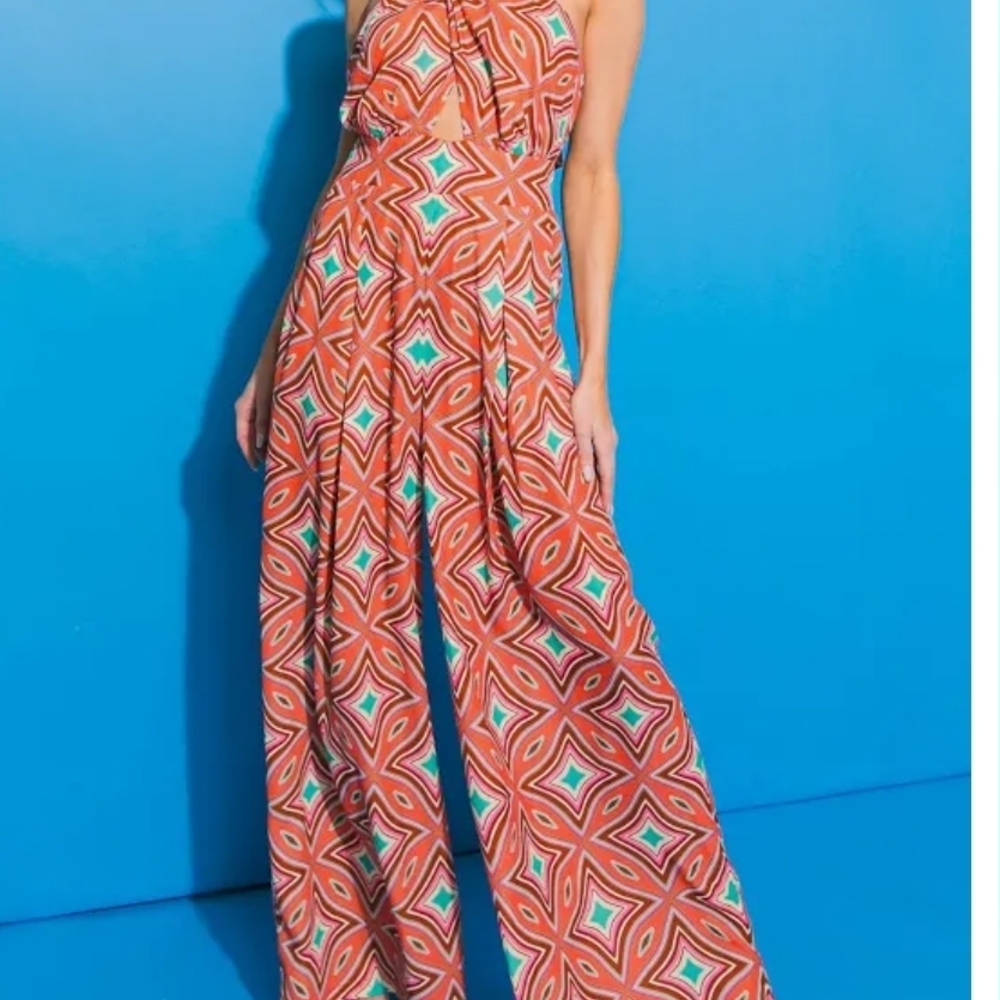 Flying Tomato Geo Halter Wide-Leg Jumpsuit in Rust and Aqua